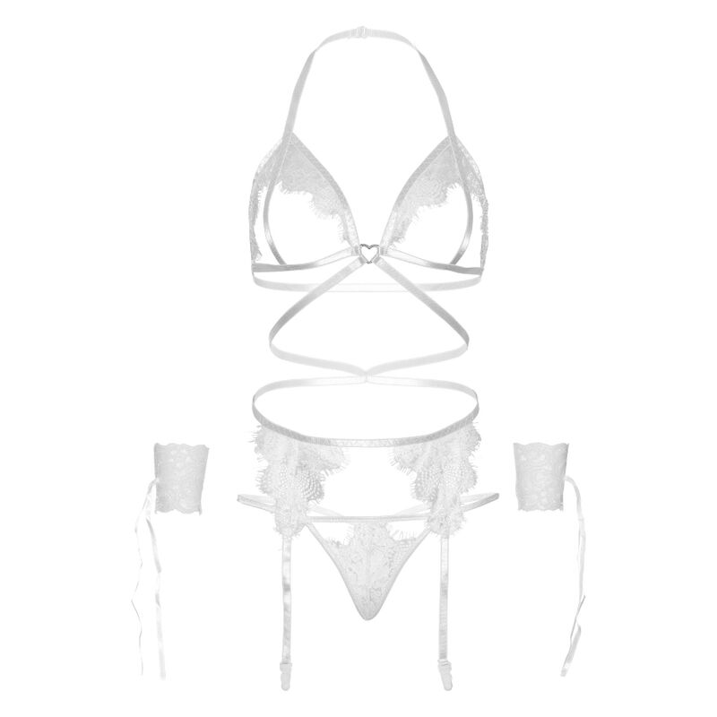LEG AVENUE 4-teiliges Set – BH, G-String, Strumpfgürtel und Handgelenkmanschetten, weiss