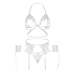 LEG AVENUE 4-teiliges Set – BH, G-String, Strumpfgürtel und Handgelenkmanschetten, weiss