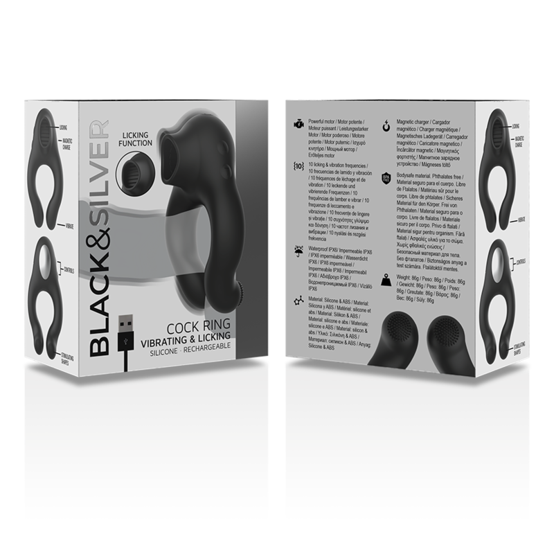 BLACK&SILVER – Vibrationsring aus Silikon mit 3 Motoren, wiederaufladbar, schwarz
