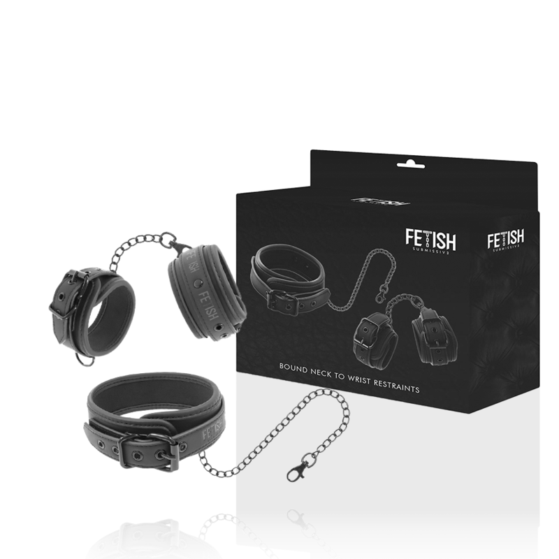 FETISH SUBMISSIVE Halsband & Handschellen-Set – mit Immobilisierungskette, Neopren-Futter