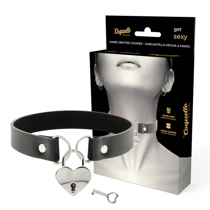 COQUETTE CHIC DESIRE – Fetisch-Halsband aus veganem Leder mit Herz- und Schlüssel-Anhänger, 40 cm