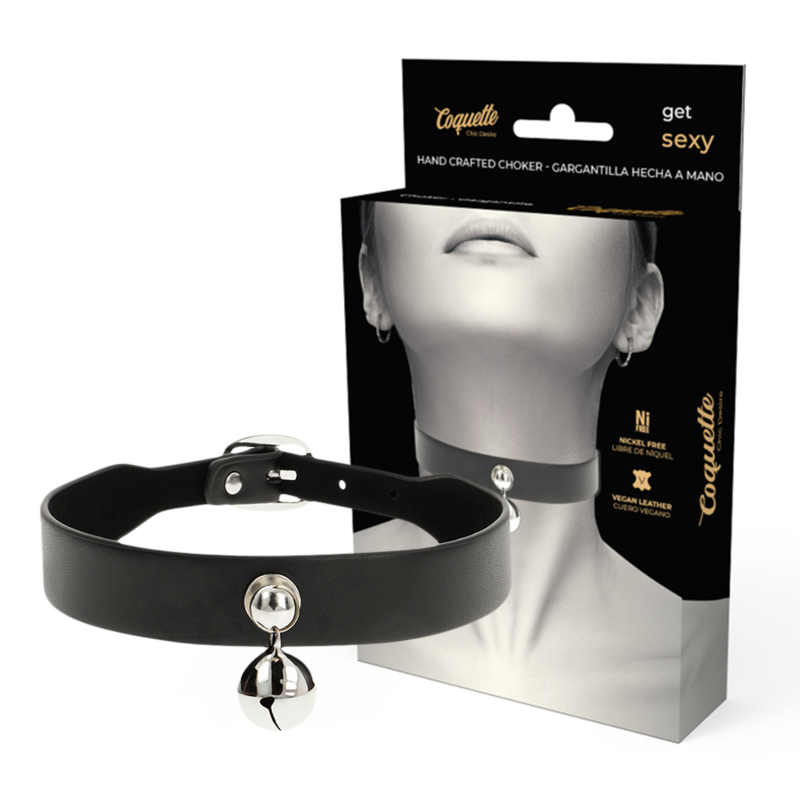 COQUETTE CHIC DESIRE – Fetisch-Halsband aus veganem Leder mit Rassel-Anhänger, 43 cm