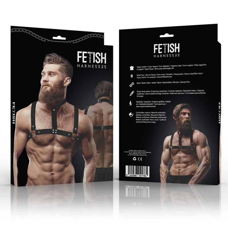 FETISH SUBMISSIVE ATTITUDINE – IMBRACATURA REGOLABILE IN ECOPELLE CON COLLANA PER UOMO