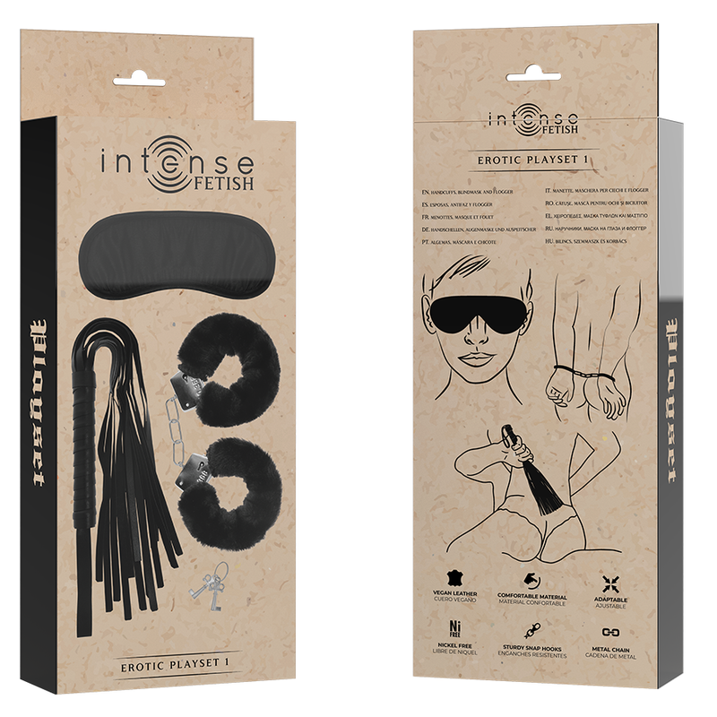Intense Fetish – Erotik-Set mit Handschellen, Augenmaske und Peitsche