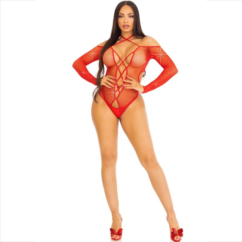 LEG AVENUE Netz-Bodysuit mit Strasssteinen, ohne Schritt, rot