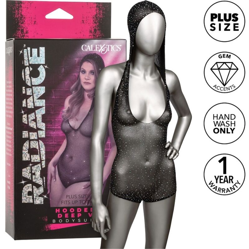 CALEXOTICS Radiance – Hooded rhinestone bodysuit with deep V-neck