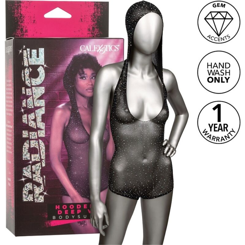 CALEXOTICS Radiance – Hooded rhinestone bodysuit with deep V-neck