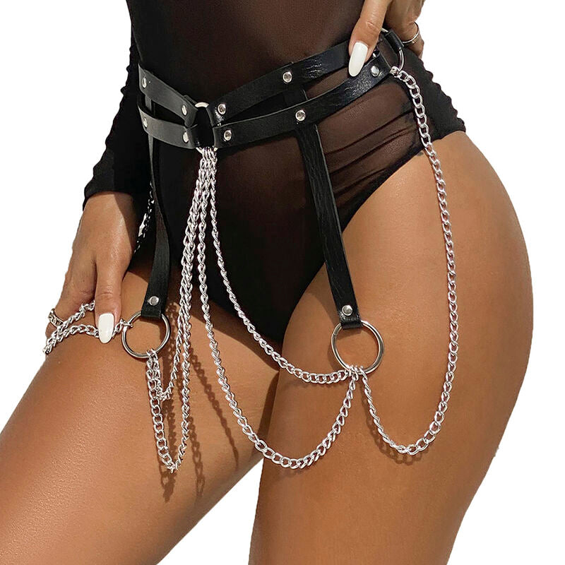 SUBBLIME – Cintura in pelle con catena ad anelli, nera, taglia unica