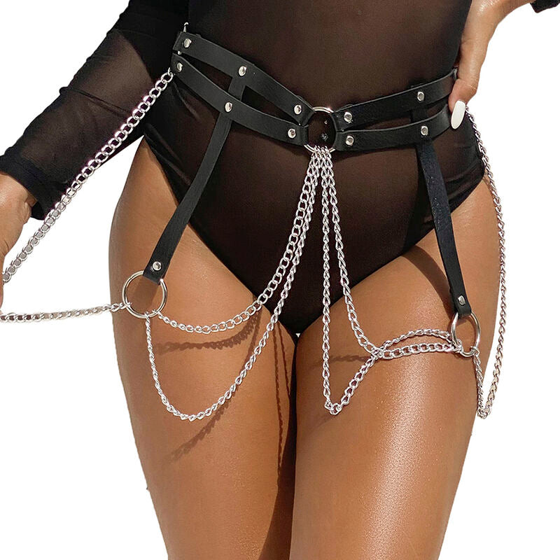 SUBBLIME – Cintura in pelle con catena ad anelli, nera, taglia unica