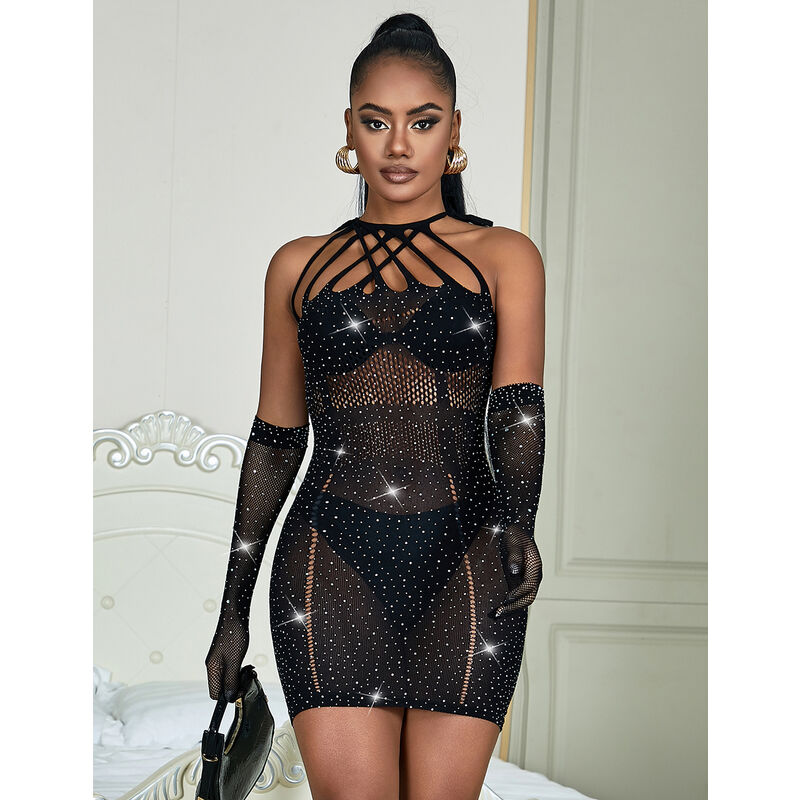 SUBBLIME – Netzkleid mit Strasssteinen in Schwarz, Einheitsgrösse