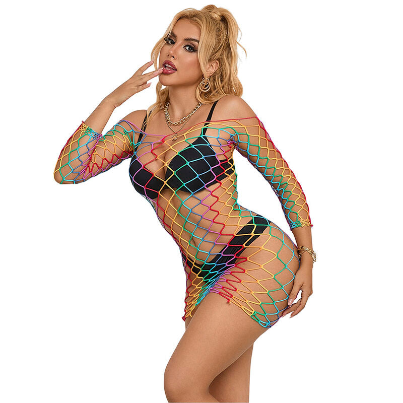 SUBBLIME – 952426 RAINBOW LONG SLEEVE FISHNET DRESS ONE SIZE