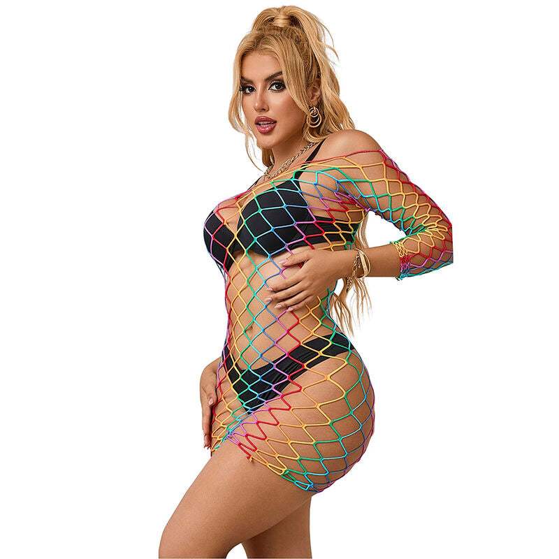 SUBBLIME – 952426 RAINBOW LONG SLEEVE FISHNET DRESS ONE SIZE