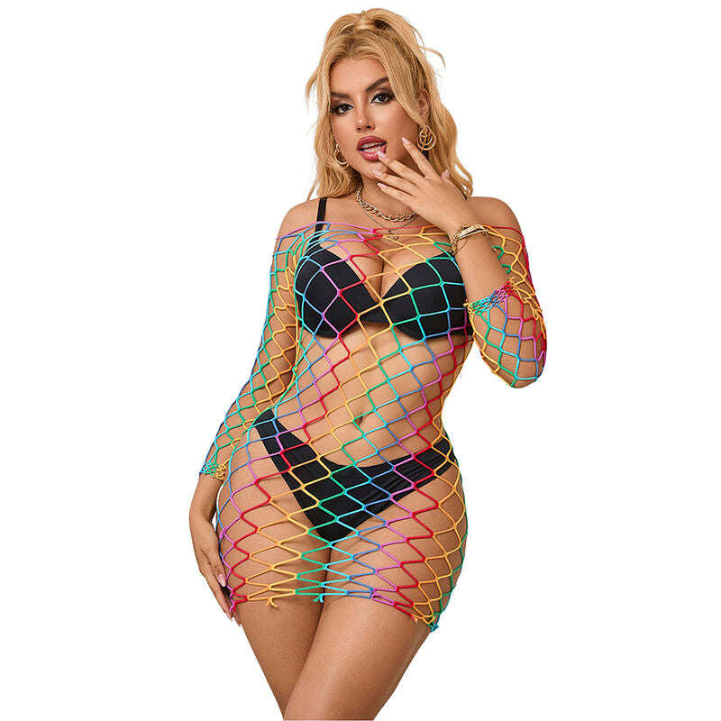 SUBBLIME – 952426 RAINBOW LONG SLEEVE FISHNET DRESS ONE SIZE