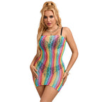 SUBBLIME – 952457 RAINBOW OFF SHOULDER SLEEVELESS FISHNET DRESS ONE SIZE