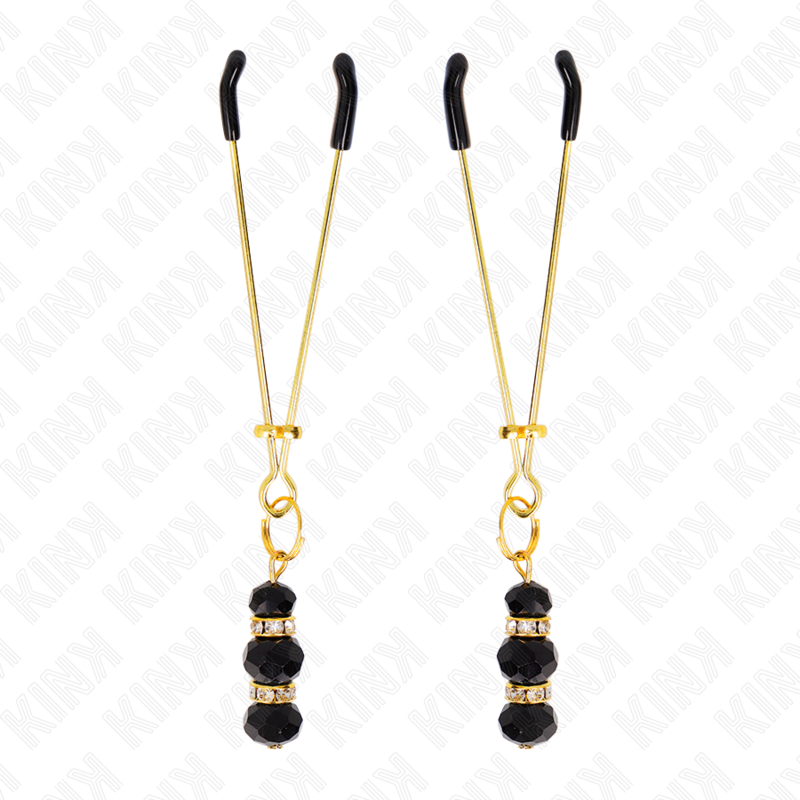 KINK – PINCES À TETON FINES OR AVEC 3 BILLES DE VERRE NOIR 7 CM