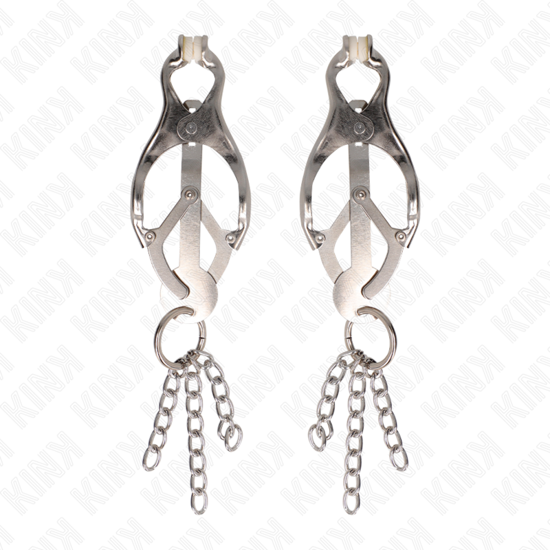 Kink – Japanische Kleeblatt-Nippelklammern mit kleinen Ketten, Silber