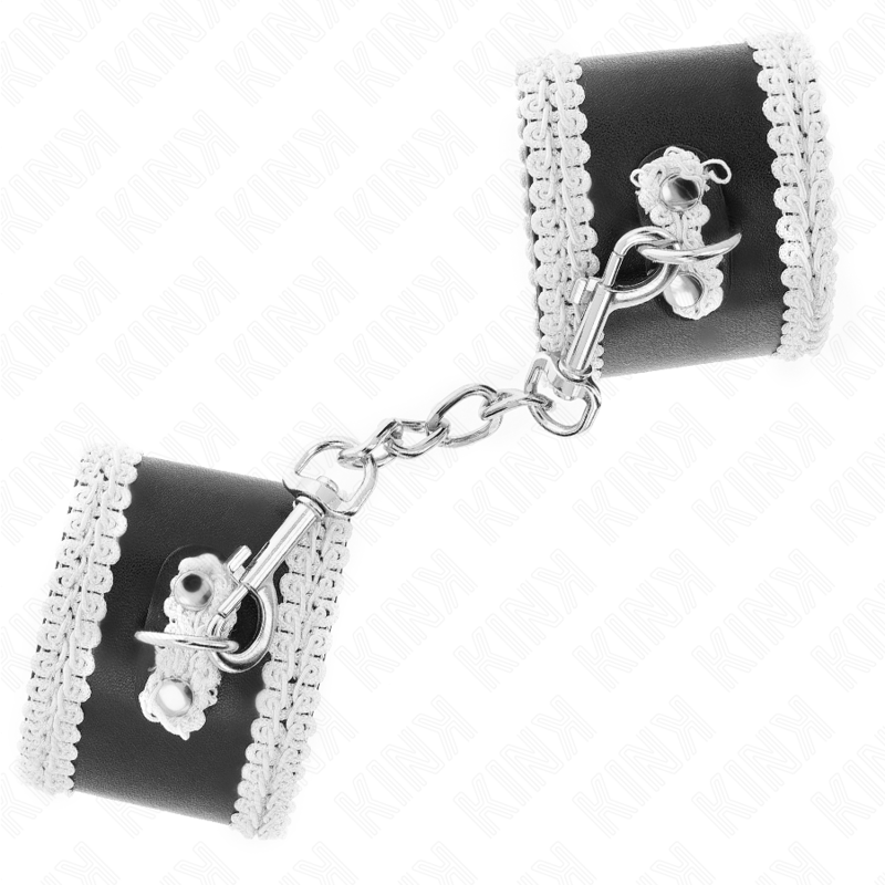 Kink – Schwarze Handgelenkfesseln mit weisser Spitze, 20–23 cm