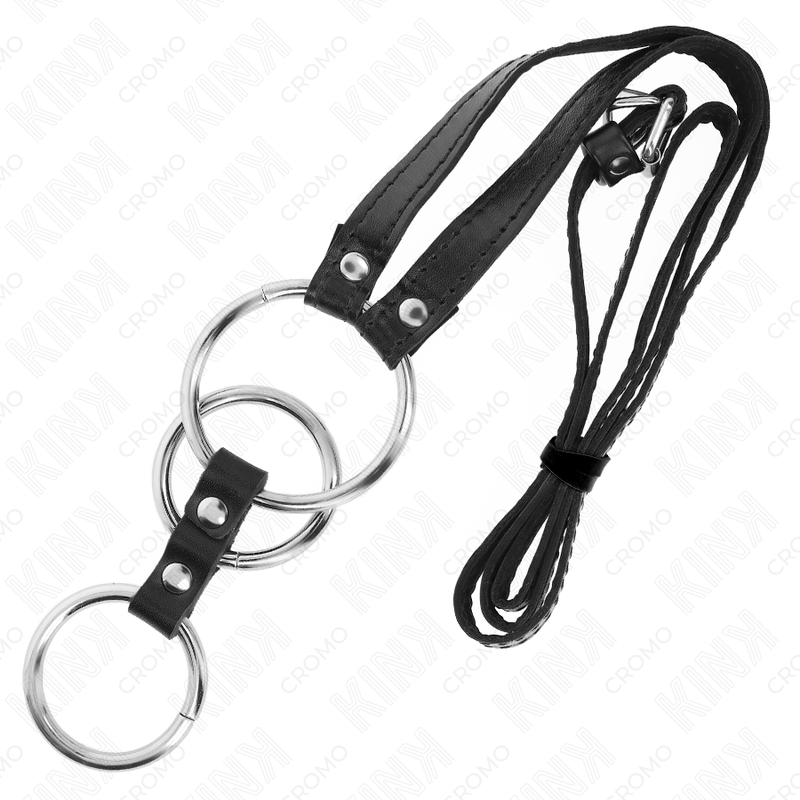 KINK – ANELLO PER PENE IN METALLO TRIPLO DA 3,8 CM A 5 CM CON CINTURA IN PELLE 112 CM