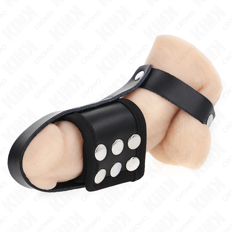 Kink – Peniskäfigring aus Leder mit verstellbarem beschichtetem Hodentrenner-Gurt