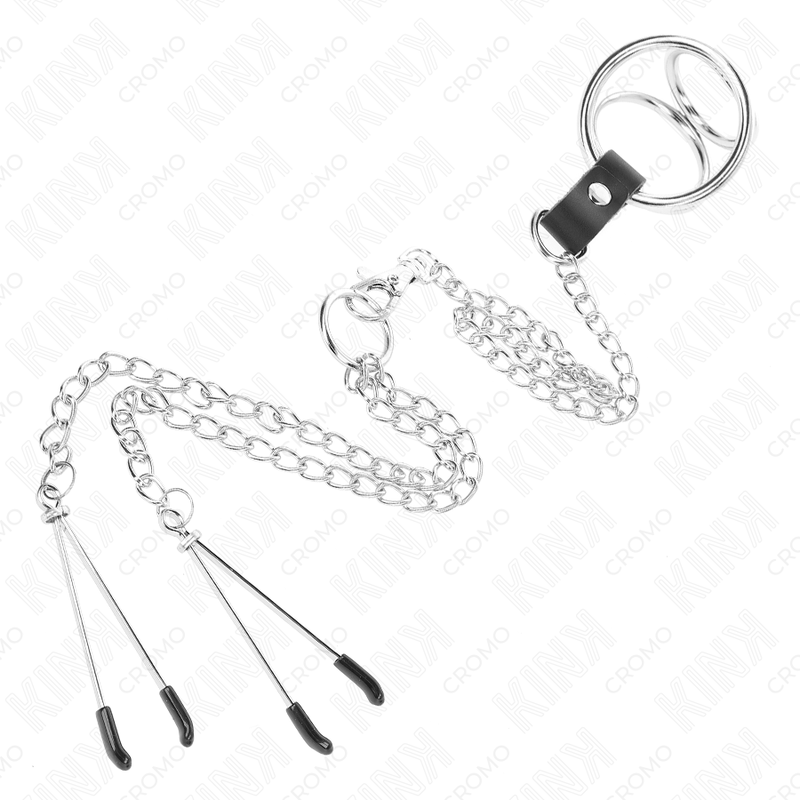 KINK – TRIPLE CHROME METAL PENIS RING 3 CM TO 4.5 CM WITH 26 CM METAL CHAIN AND NIPPLE CLIPS