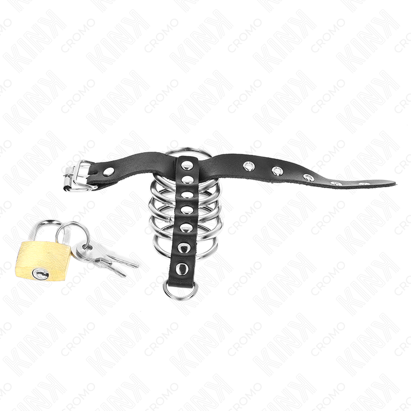 KINK – LEATHER PENIS RING WITH LOCK STRAP 21 X 2 CM AND 5 METAL RINGS FROM 3 CM TO 4 CM