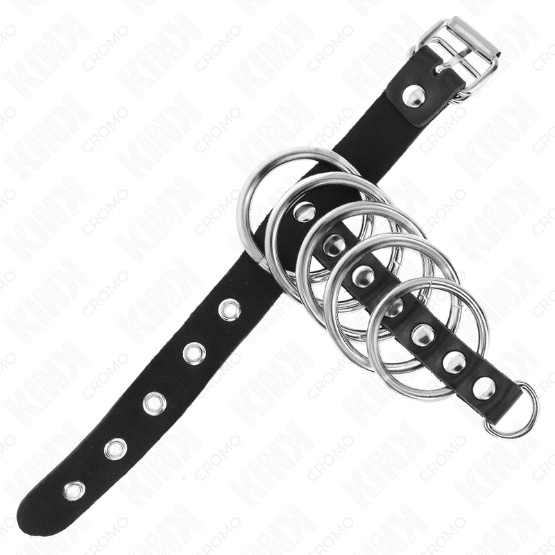 KINK – LEATHER PENIS RING WITH LOCK STRAP 21 X 2 CM AND 5 METAL RINGS FROM 3 CM TO 4 CM