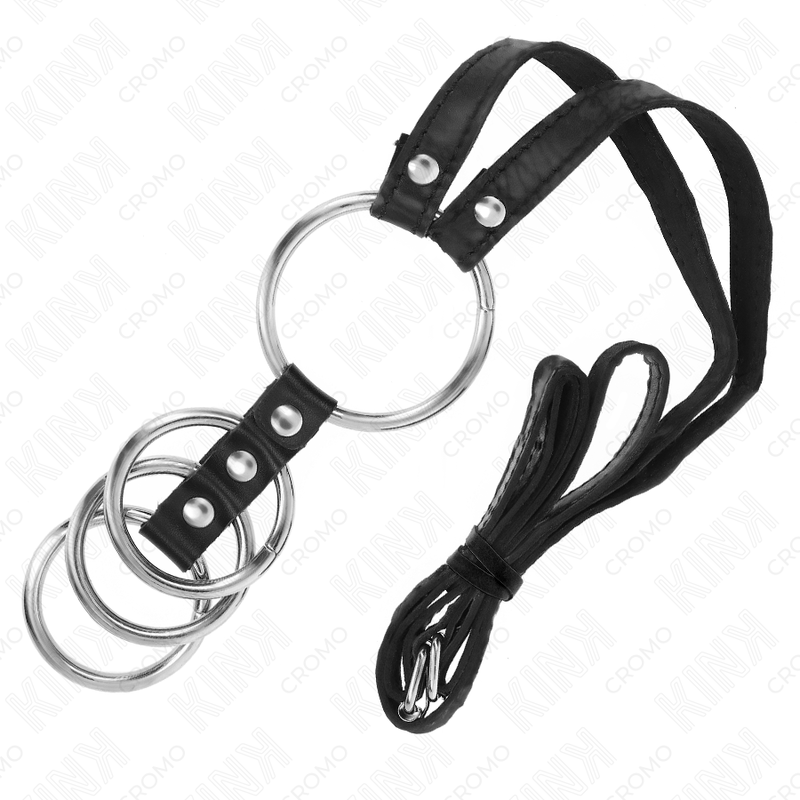 Kink – 4 Metall-Penisringe mit Ledergurt, 3,8–5 cm, Gurt 112 cm