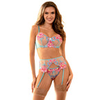SUBBLIME – BRA + PANTIES WITH GARTER BELT FLORAL DESIGN BLUE