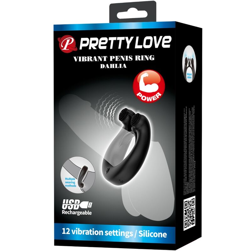 PRETTY LOVE – ANELLO VIBRANTE DAHLIA + STIMOLATORE CLITORIDEO 12 VIBRAZIONI NERO