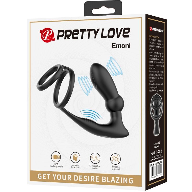 PRETTY LOVE – EMONI PENIS RING + ANAL PLUG 12 VIBRATIONS BLACK