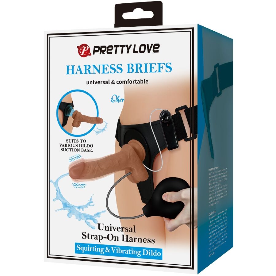 PRETTY LOVE – UNIVERSAL HARNESS BRIEFS WITH VIBRATING AND SQUIRTING DILDO 15.5 CM MULATO