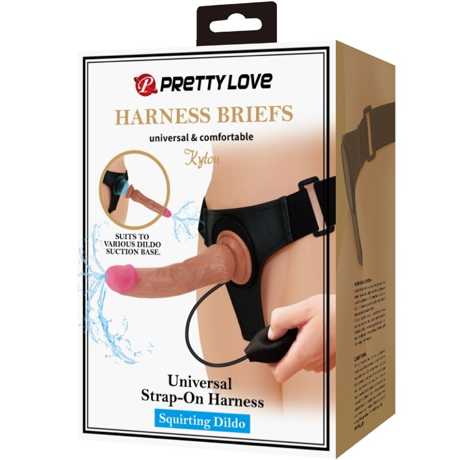 PRETTY LOVE – KYTON UNIVERSAL HARNESS SLIP CON DILDO SQUIRTING 19 CM MULATO
