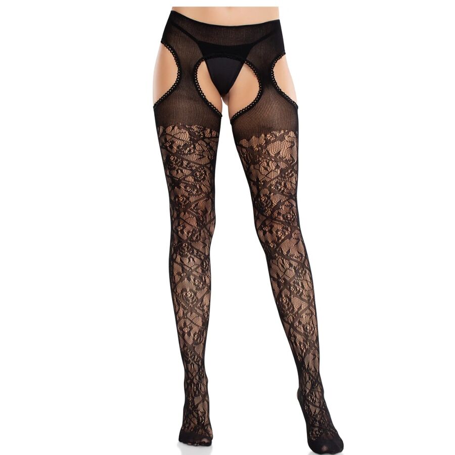 Leg Avenue – Blumenspitzen-Strümpfe mit Strumpfbändern, Schwarz