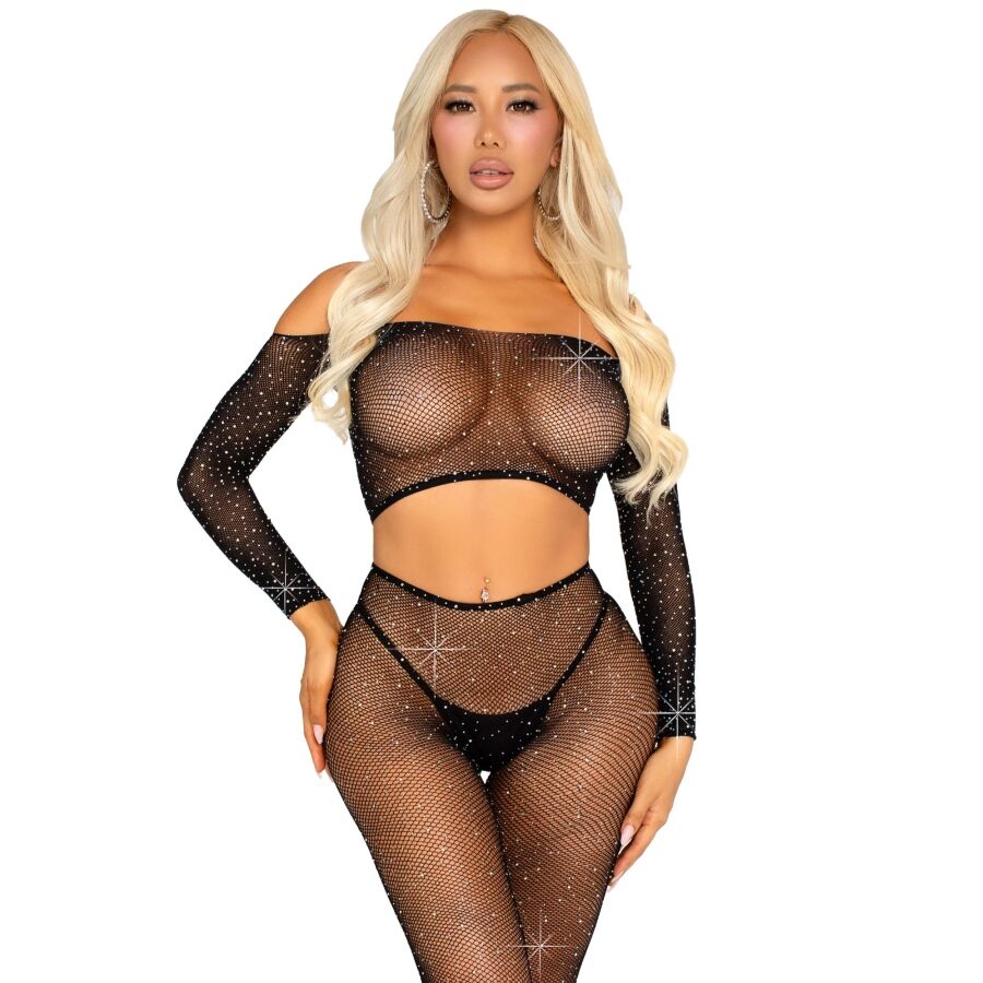 Leg Avenue – Crop-Top und Netzleggings mit Strasssteinen, Schwarz