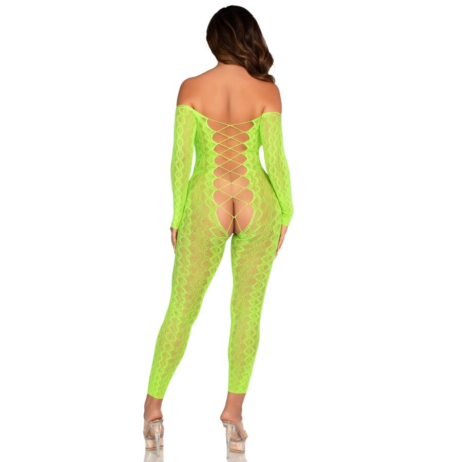 Leg Avenue – Bodystocking ohne Schritt, Schlangen-Spitzenmuster, Neongrün