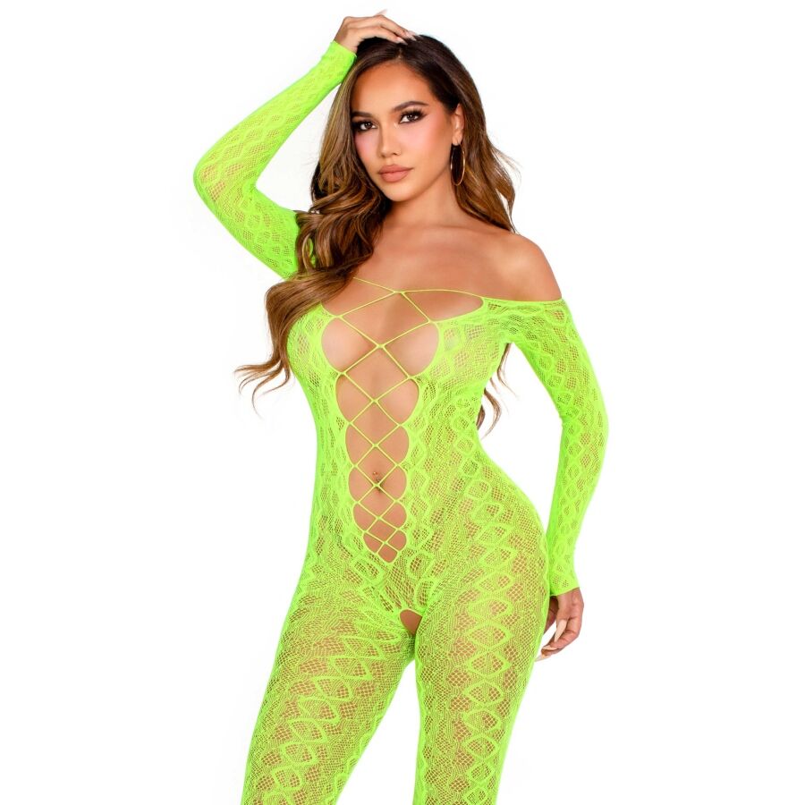Leg Avenue – Bodystocking ohne Schritt, Schlangen-Spitzenmuster, Neongrün