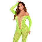 Leg Avenue – Bodystocking ohne Schritt, Schlangen-Spitzenmuster, Neongrün