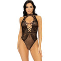 LEG AVENUE – NET AND LACE KEYHOLE HALTER BODYSUIT ONE SIZE