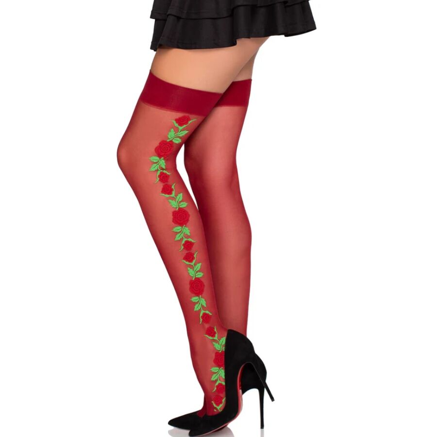 LEG AVENUE – BAS PORTE-JARRETELLES 1957 À FLEURS ROUGES – TAILLE UNIQUE