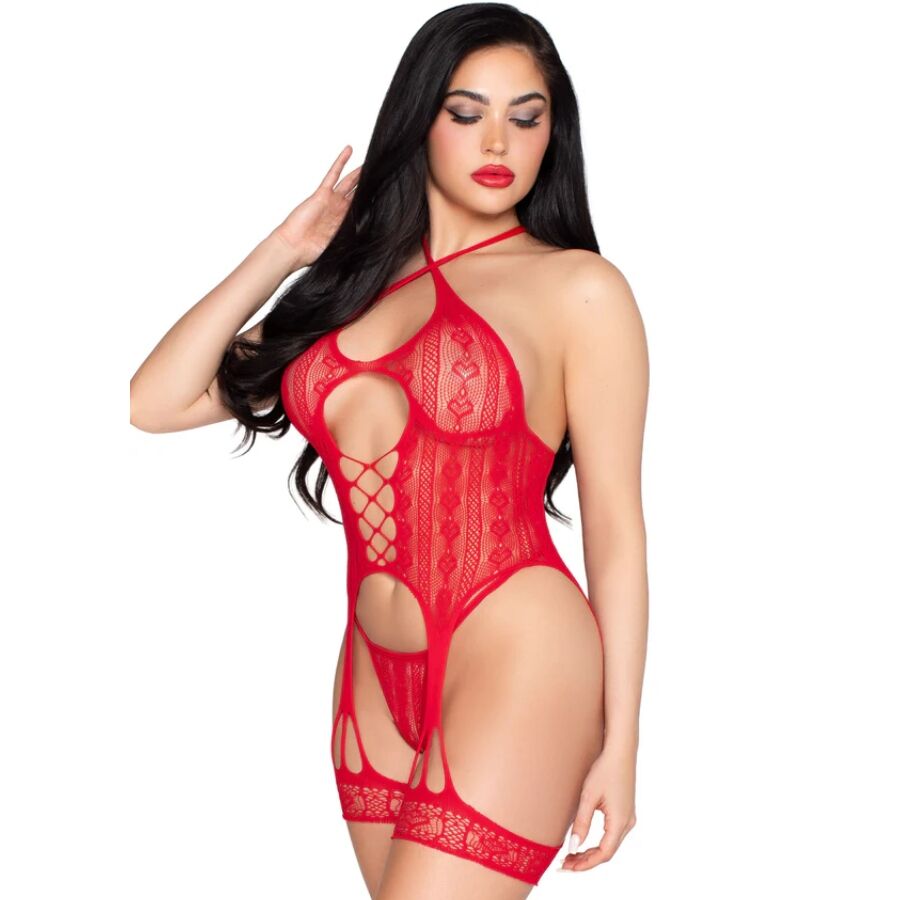 Leg Avenue – Offener Spitzen-Bodysuit mit Strumpfgürtel und String, Rot, Einheitsgrösse