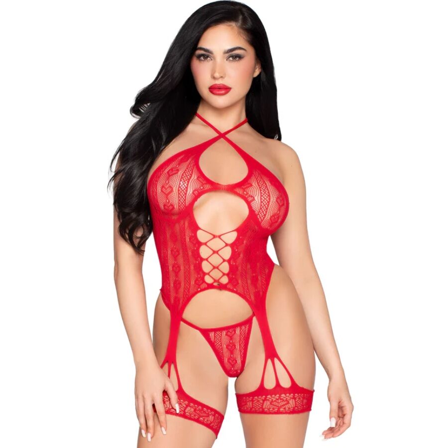 Leg Avenue – Offener Spitzen-Bodysuit mit Strumpfgürtel und String, Rot, Einheitsgrösse