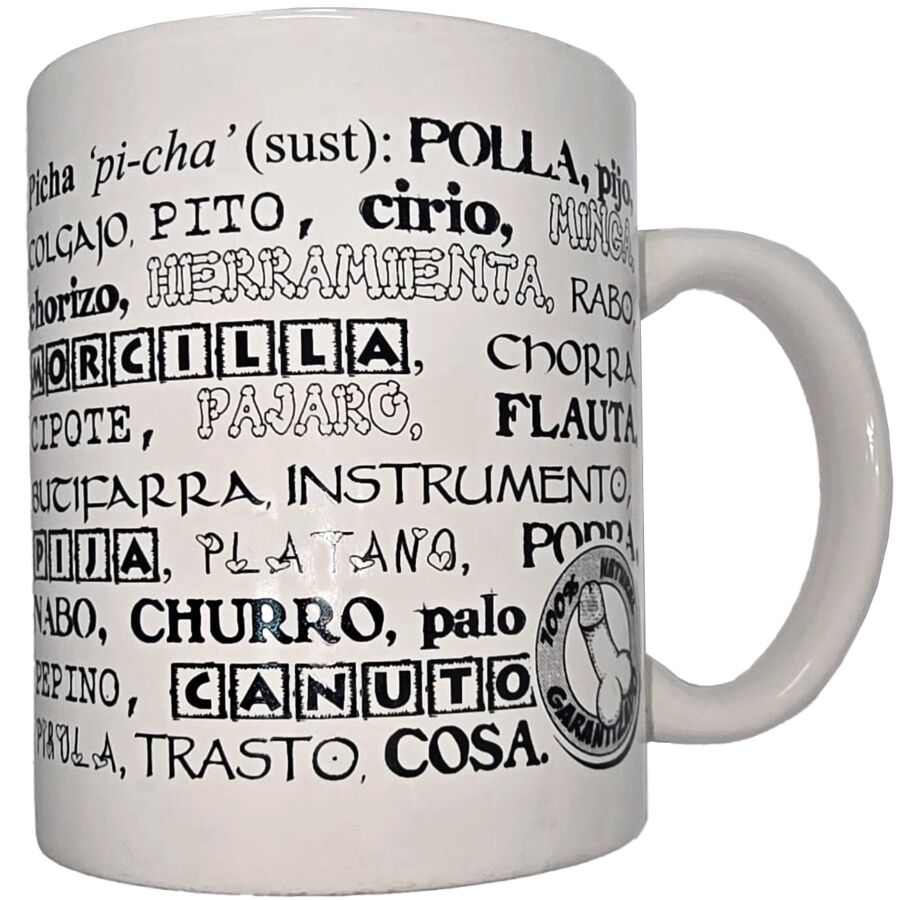 DIABLO PICANTE – Weisser Becher mit Penis-Synonymen, 370 ml