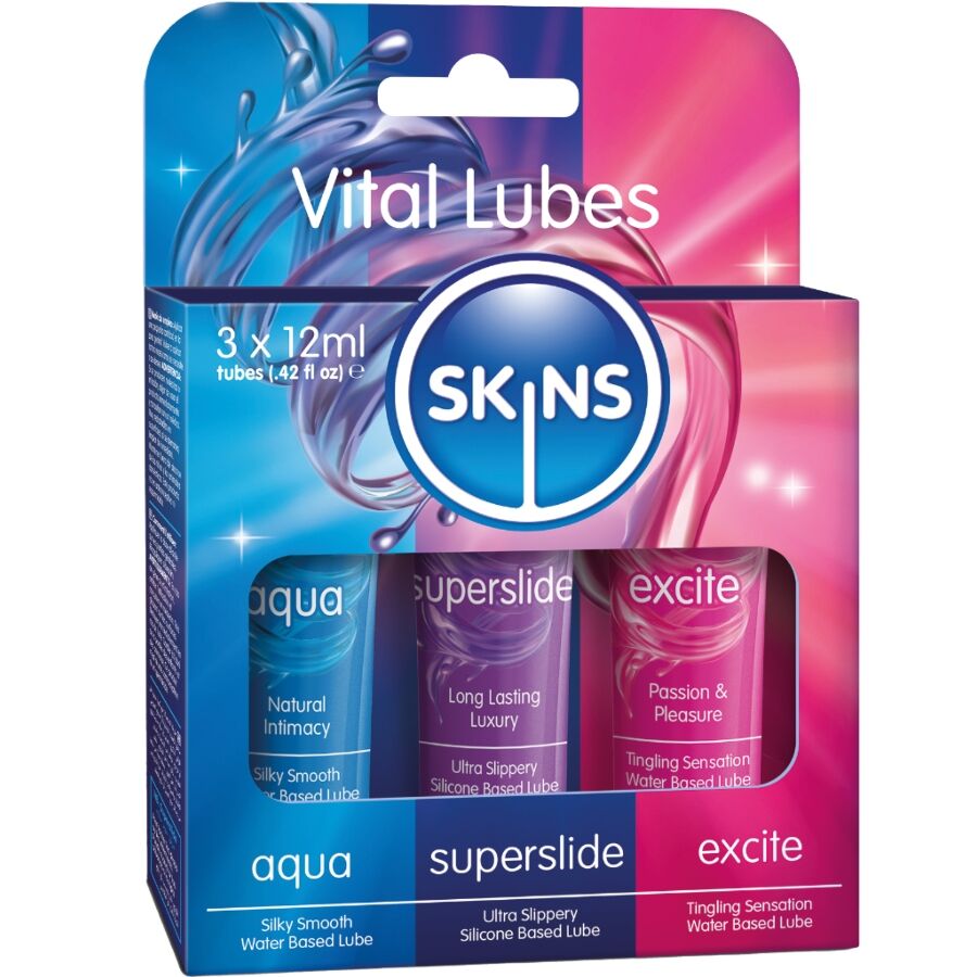KIT DE LUBRIFIANTS VITAL POUR LA PEAU – AQUA, SUPERSLIDE ET EXCITE (3 x 12 ml)