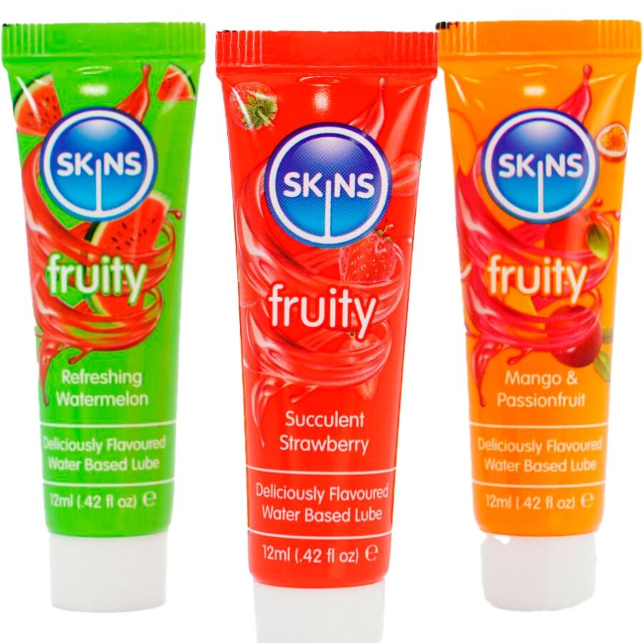 SKINS – Fruchtiges Gleitmittel-Set Wassermelone, Erdbeere & Mango, 3 x 12 ml