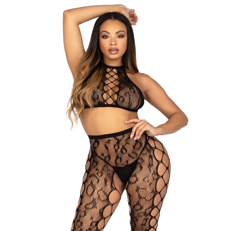 LEG AVENUE – 89372 CROP TOP ET COLLANTS SANS ENTREJAMBE NOIRS – TAILLE UNIQUE