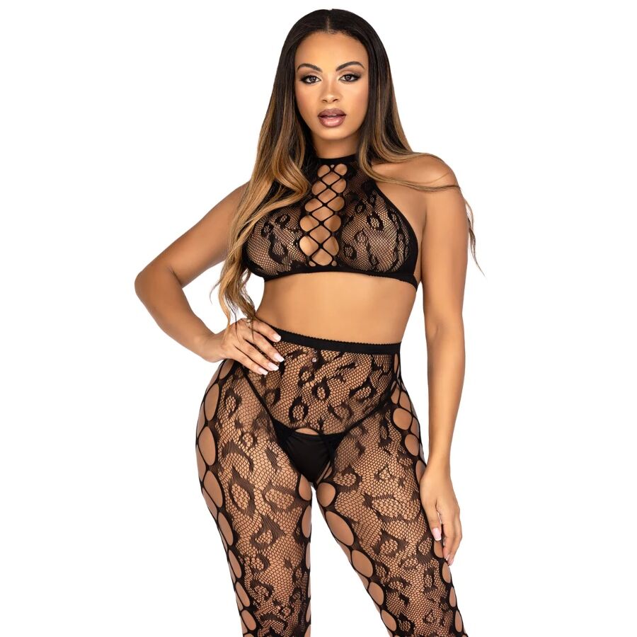 LEG AVENUE – 89372 CROP TOP & CROTCHLESS TIGHTS BLACK – ONE SIZE