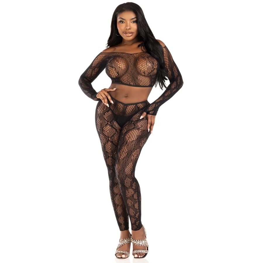 LEG AVENUE – 89373 PYTHON CROP TOP & FOOTLESS TIGHTS BLACK – ONE SIZE