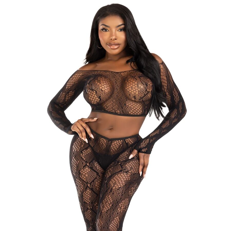 LEG AVENUE – 89373 PYTHON CROP TOP & FOOTLESS TIGHTS BLACK – ONE SIZE