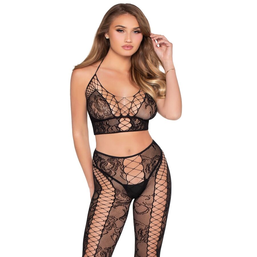 LEG AVENUE – 89368 NET & LACE CROP TOP AND TIGHTS BLACK – ONE SIZE
