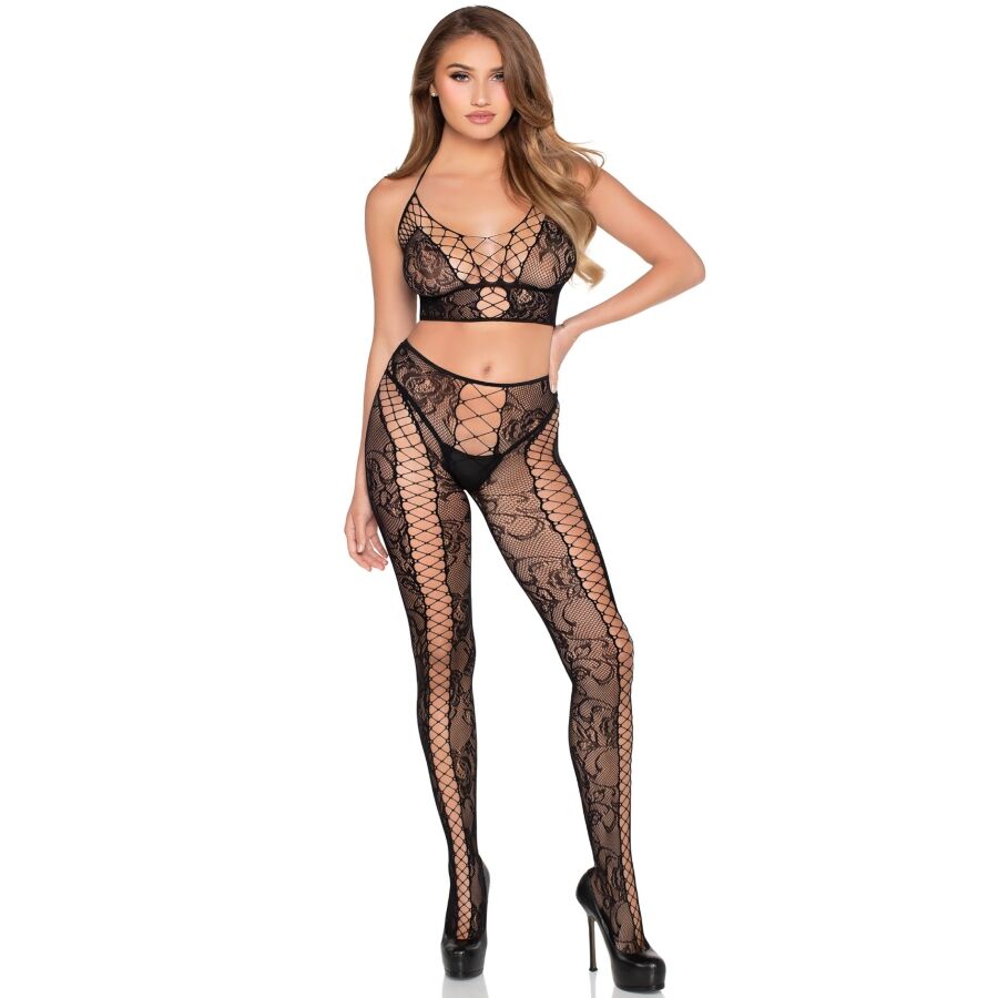 LEG AVENUE – 89368 NET & LACE CROP TOP AND TIGHTS BLACK – ONE SIZE